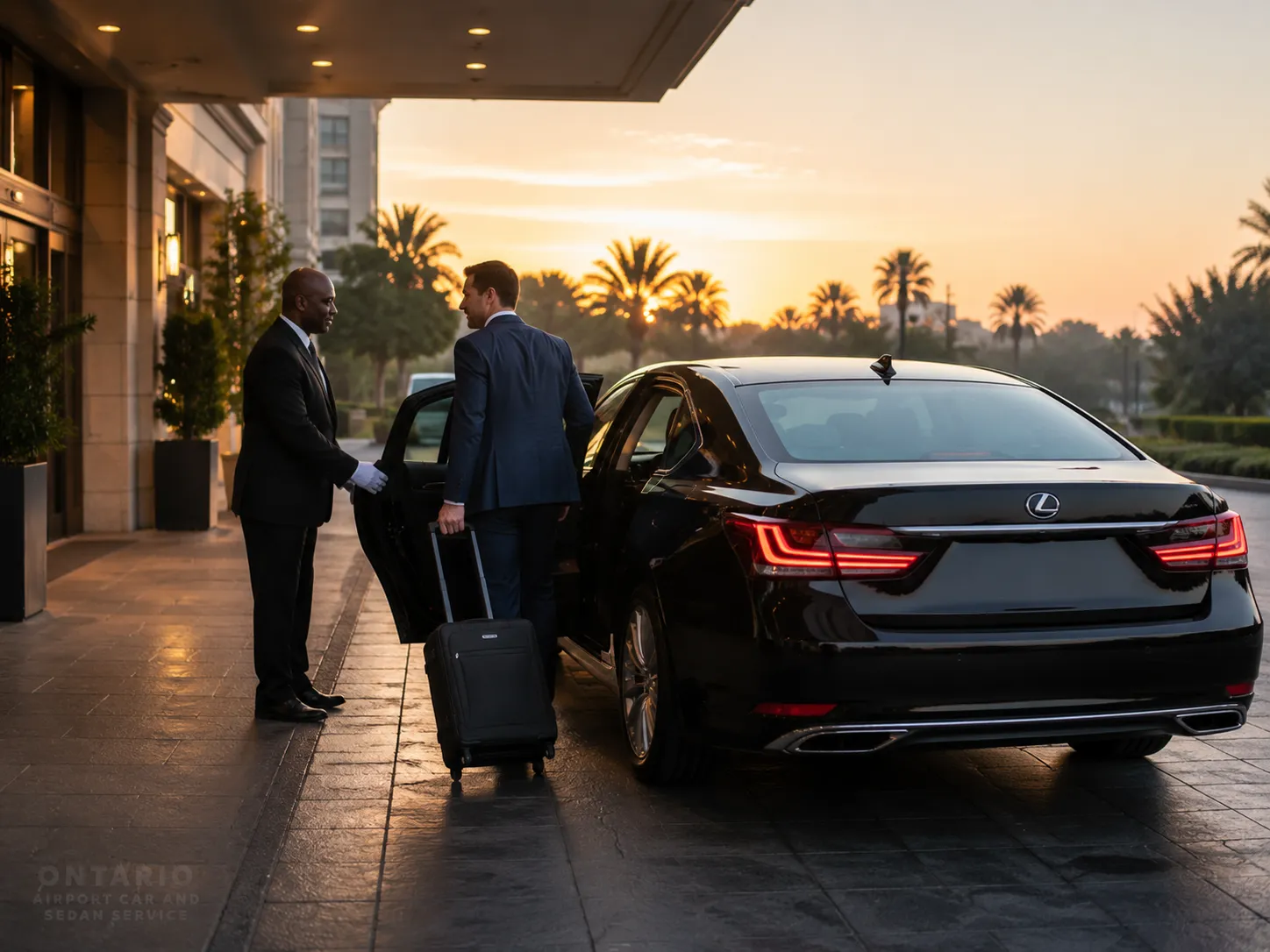 Lexus sedan early morning hotel pickup for Ontario International Airport departure