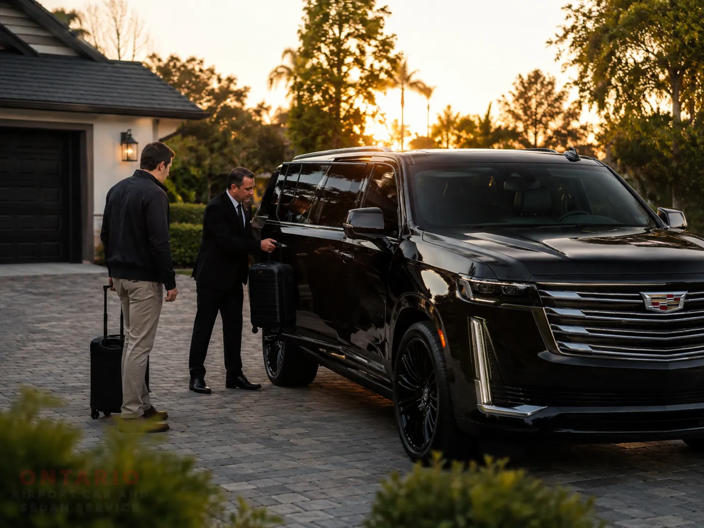 Cadillac Escalade early morning residential pickup for Ontario Airport